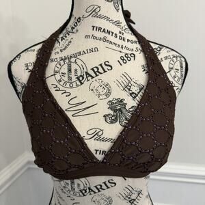 Isaac Mizrahi Bikini Top Only Size S Eyelet Brown With Purple Underfabric